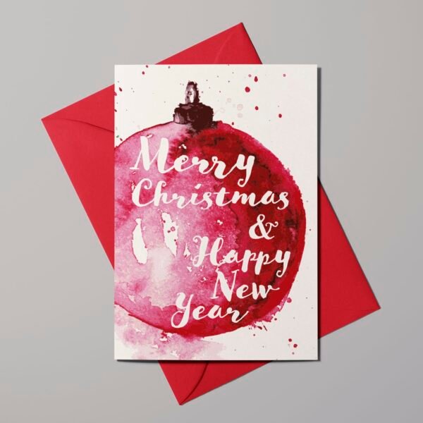 Weihnachtskarte rote Christbaumkugel, Aquarell-Klappkarte B6