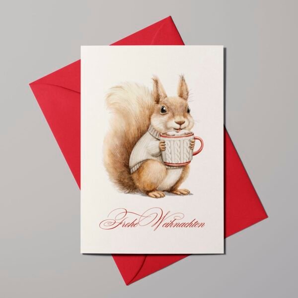Weihnachtskarte Eichhörnchen mit Marshmallow, Aquarell-Klappkarte