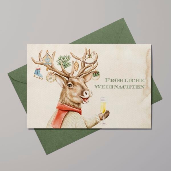 Weihnachtskarte Hirsch mit Prosecco, Aquarell-Klappkarte B6