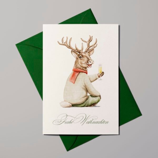 Weihnachtskarte Hirsch mit Prosecco, Aquarell-Klappkarte B6