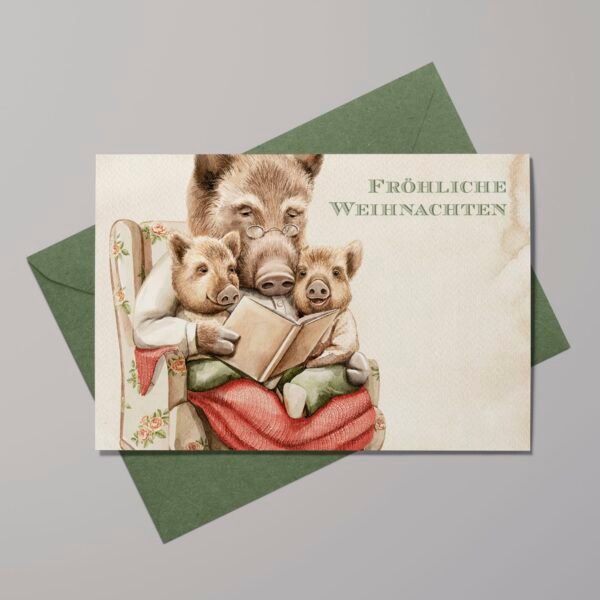 Weihnachtskarte Wildschweinfamilie, Aquarell-Klappkarte B6