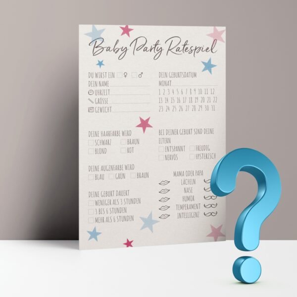Baby Party Ratespiel, pinke und blaue Sterne zum Ausfüllen