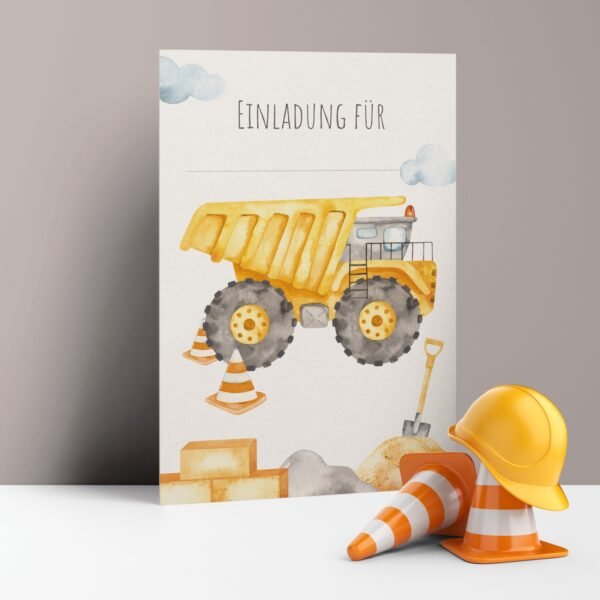 Einladungskarten Kindergeburtstag Muldenkipper zum Selbstdrucken