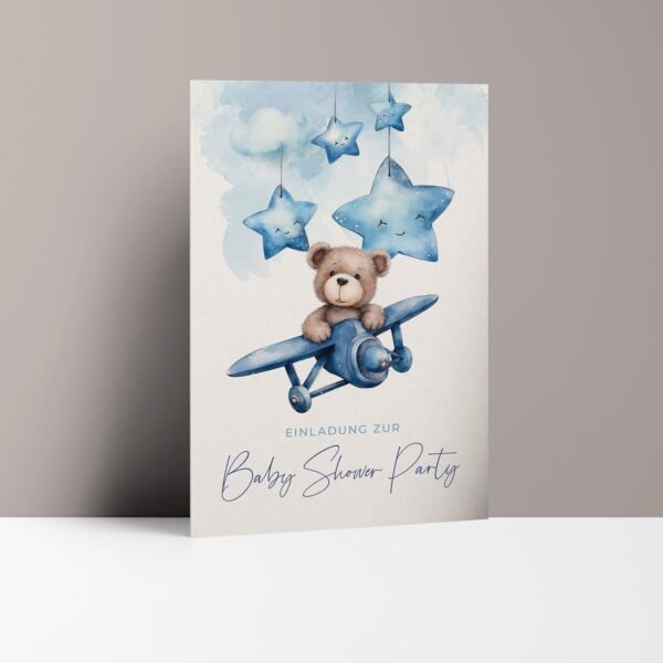 Einladungskarten Babyparty Junge, Bär im Flugzeug, Aquarell