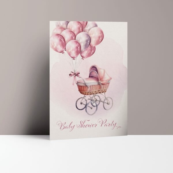 Einladungskarten Babyparty Mädchen, Kinderwagen und Ballons