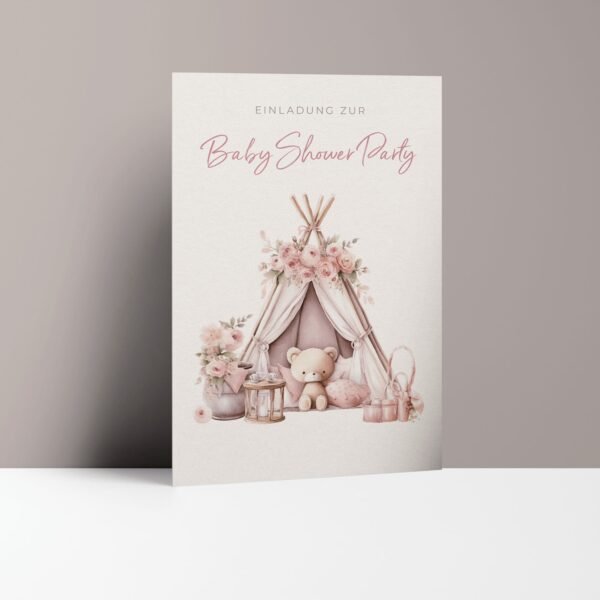 Einladungskarten Babyparty Mädchen, Tipi-Zelt mit Teddybär