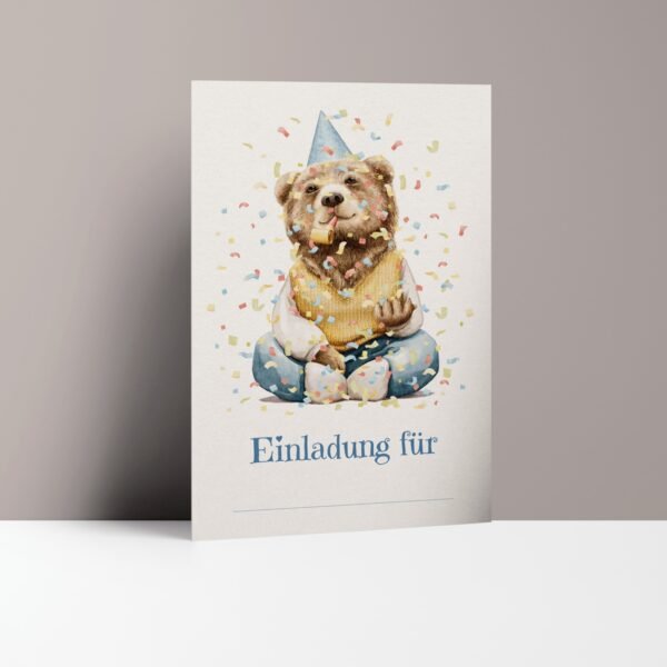 Einladungskarten Kindergeburtstag Bär mit Partyhut, Aquarell