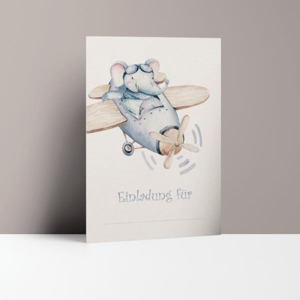 Einladungskarten Kindergeburtstag Elefant im Flugzeug, Aquarell