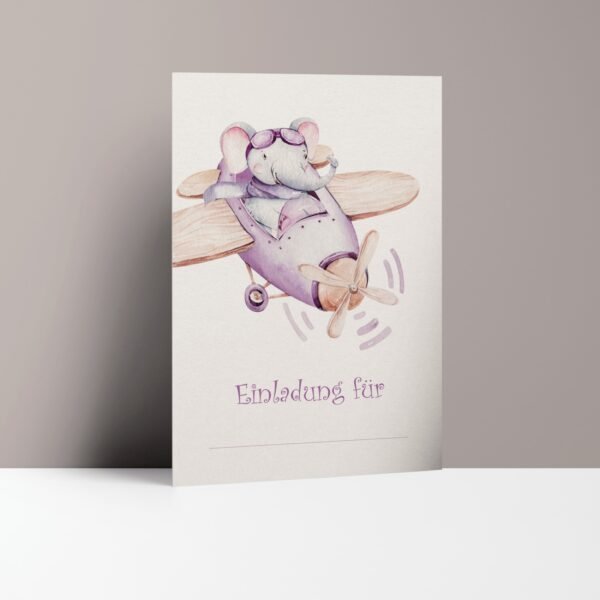 Einladungskarten Kindergeburtstag Elefant im Propellerflugzeug