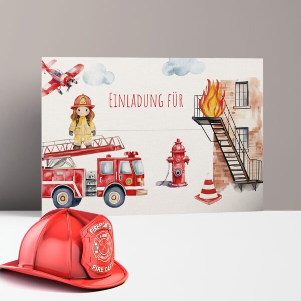 Einladungskarten Kindergeburtstag Feuerwehrparty, Querformat