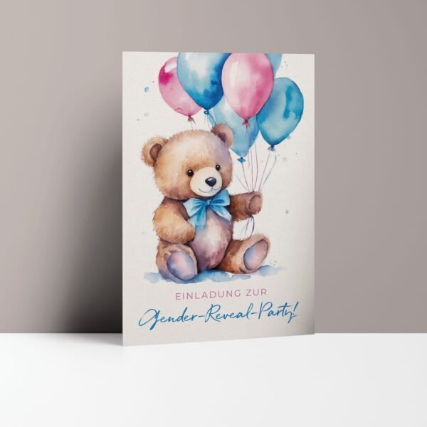 Einladungskarten Gender Reveal Party, Bär mit Luftballons