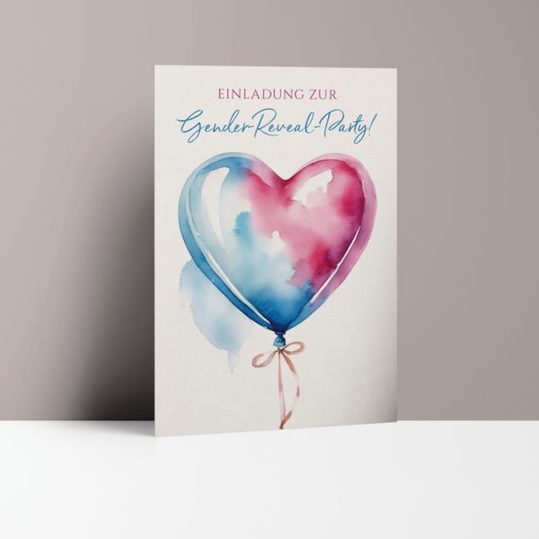 Einladungskarten Gender Reveal Party, Herzballon rosa-blau
