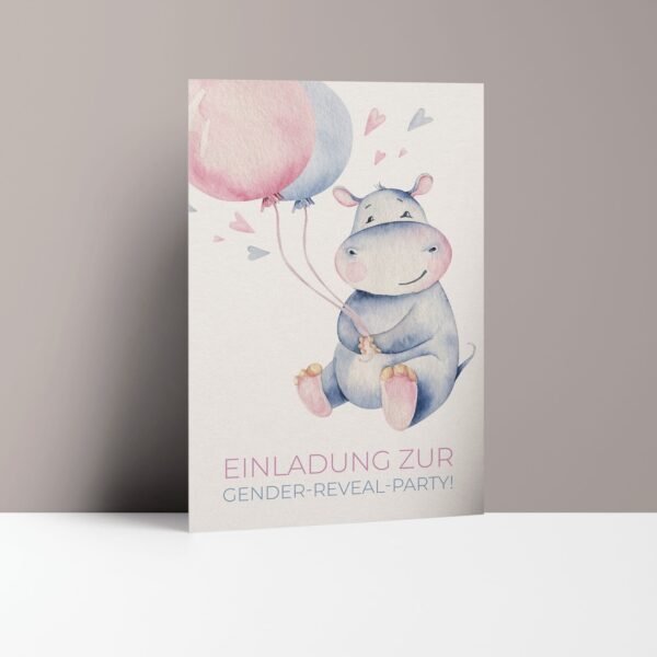 Einladungskarten Gender Reveal Party Hippo mit Ballon, DIN B6