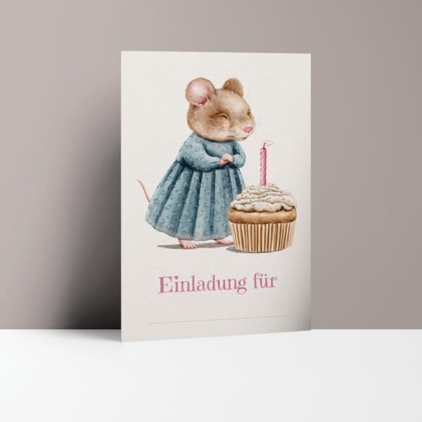 Einladungskarten Kindergeburtstag Maus mit Muffin, zum Ausfüllen