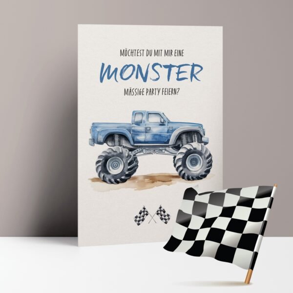 Einladungskarten Kindergeburtstag Monstertruck, zum Ausfüllen