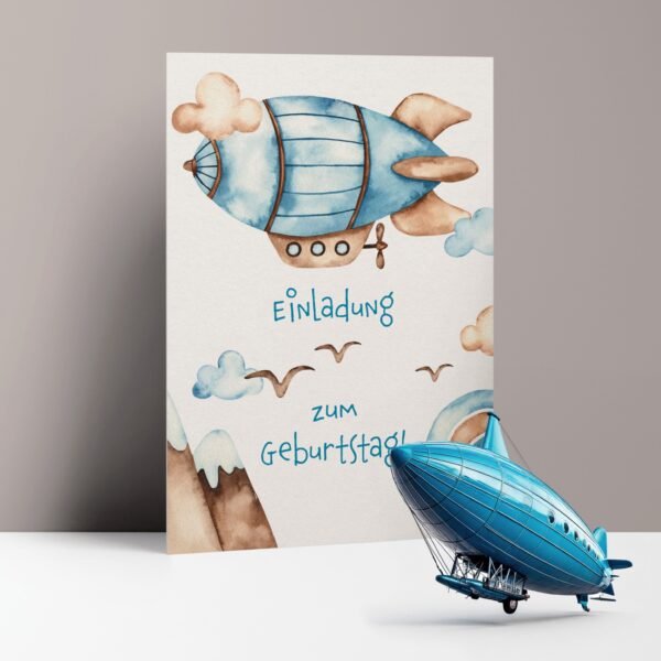 Einladungskarten Kindergeburtstag Zeppelin, zum Ausfüllen