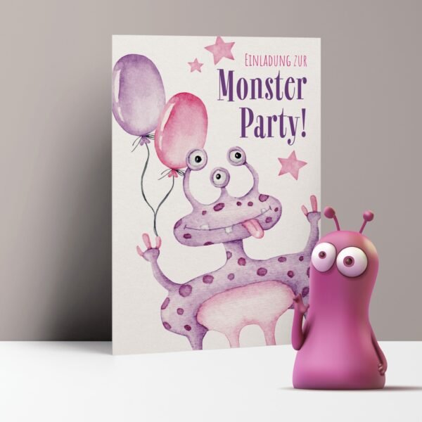 Einladungskarten Monsterparty, lila Monster mit drei Augen