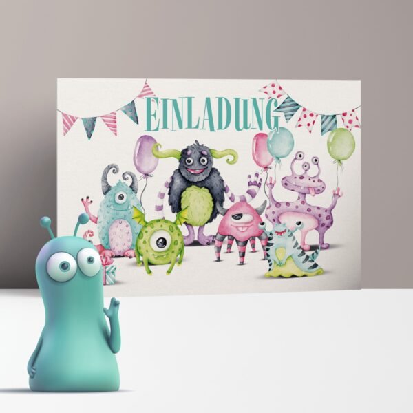 Einladungskarten Monsterparty, sechs Monster im Querformat