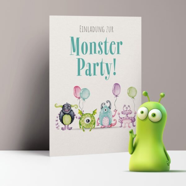 Einladungskarten Monsterparty, vier Monster im Hochformat