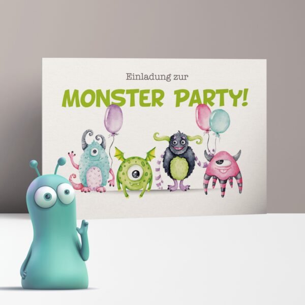 Einladungskarten Monsterparty, vier Monster im Querformat