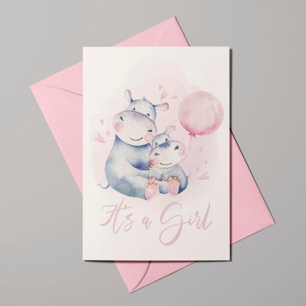 Geburtskarte Happy Hippo mit Baby und Ballon, It's a girl