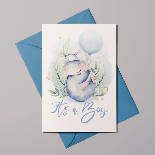 Geburtskarte Happy Hippo mit Ballon, It's a boy, inkl. Kuvert