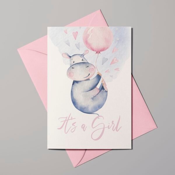 Geburtskarte Happy Hippo mit Ballon, It's a girl, inkl. Kuvert