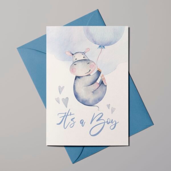 Geburtskarte Happy Hippo Ballon mit Herzen, It's a boy