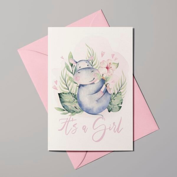 Geburtskarte Happy Hippo mit Hibiscus, It's a girl, inkl. Kuvert