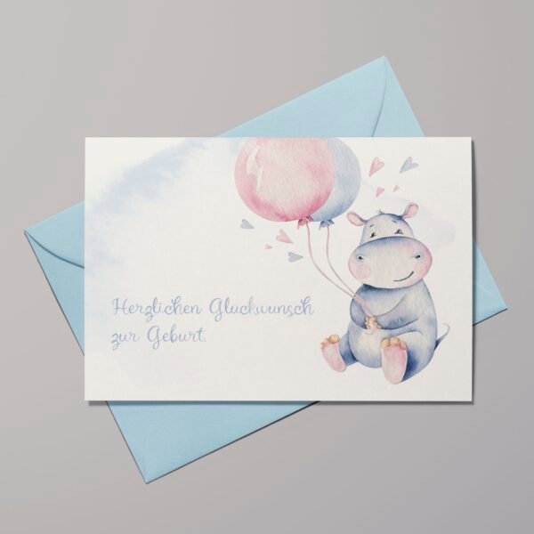 Geburtskarte Happy Hippo mit Ballons und Herzen, inkl. Umschlag