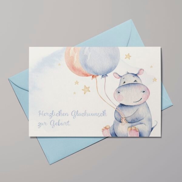 Geburtskarte Happy Hippo mit Ballons und Sternen, inkl. Umschlag