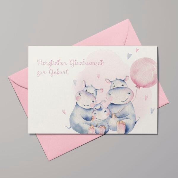 Geburtskarte Happy Hippo Familie mit rosa Ballon, inkl. Umschlag