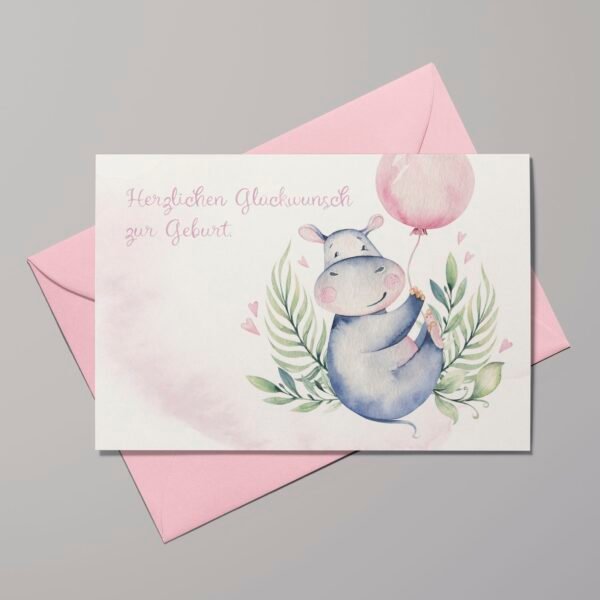 Geburtskarte Happy Hippo mit rosa Ballon, inkl. Umschlag