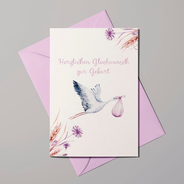 Geburtskarte Storch bringt Baby, Mädchen mit Kornblumen