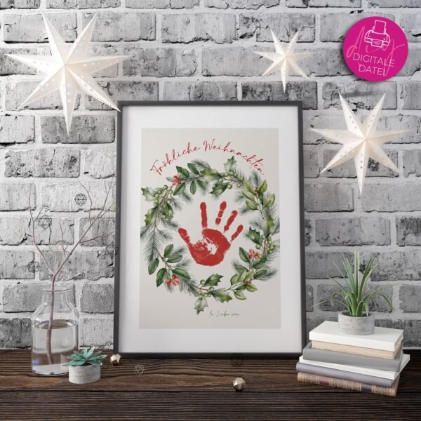 Handabdruck-Vorlage Weihnachten Stechpalmen-Kranz, zum Ausdrucken