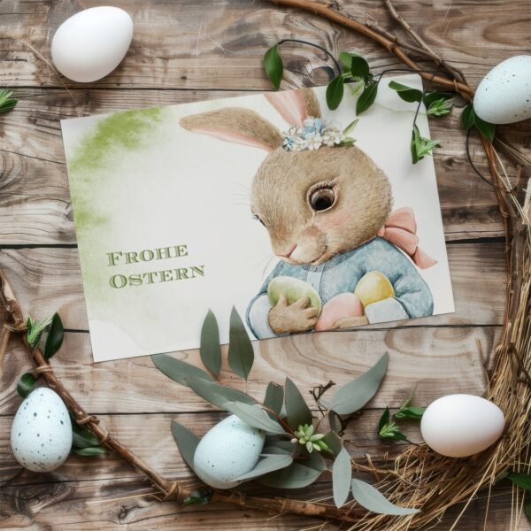 Osterkarte Babyhase mit Ostereiern, Klappkarte im Querformat
