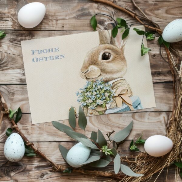 Osterkarte Gentleman-Osterhase mit Blumenstrauß, Klappkarte