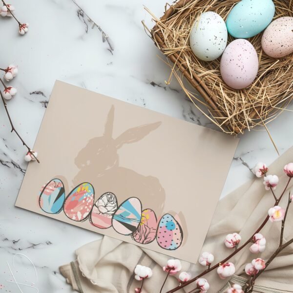 Osterkarte Hase mit bunten Eiern, Klappkarte inkl. Umschlag