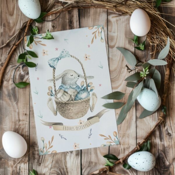 Osterkarte Hase im Osterkorb, Klappkarte inkl. Umschlag