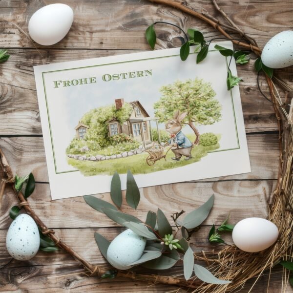 Osterkarte Hase mit Schubkarre im Garten, Klappkarte B6