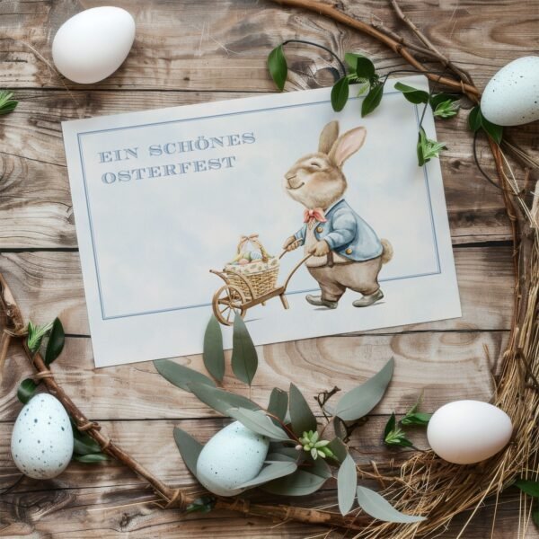 Osterkarte Hase mit Schubkarre und Osterkorb, Klappkarte B6