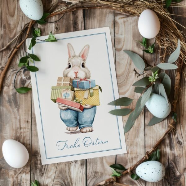 Osterkarte Hase mit vielen Geschenken, Aquarell, inkl. Umschlag