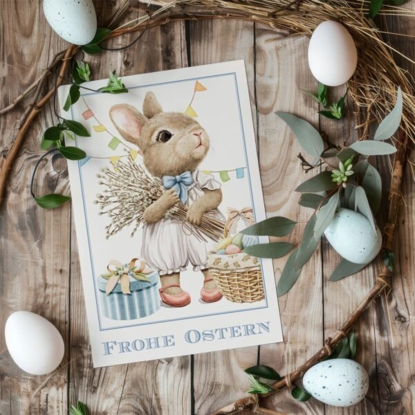 Osterkarte Kleiner Hase mit Weidenkätzchen, Klappkarte B6