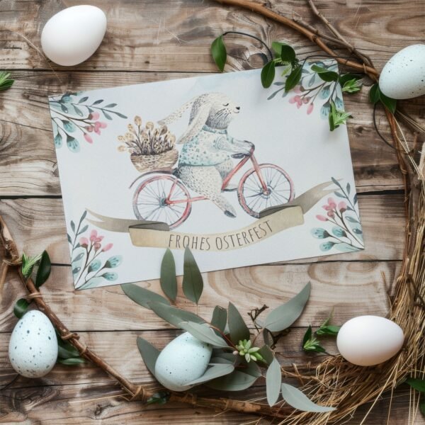 Osterkarte Osterhase auf Fahrrad, Klappkarte inkl. Umschlag