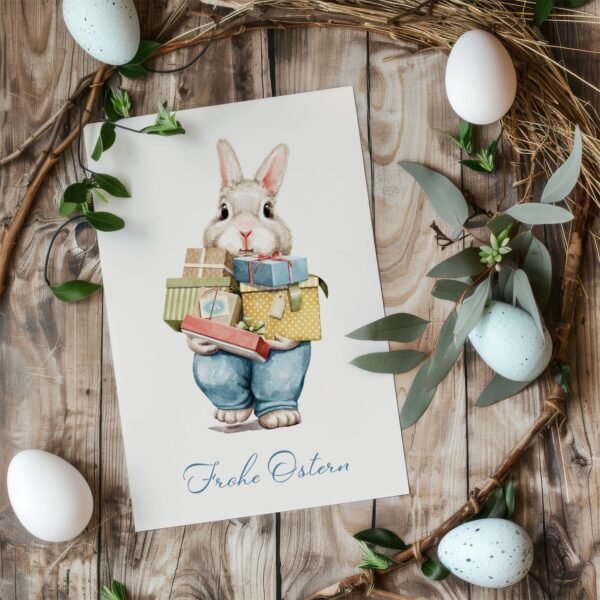 Osterkarte Osterhase mit Geschenken, Klappkarte im B6-Format