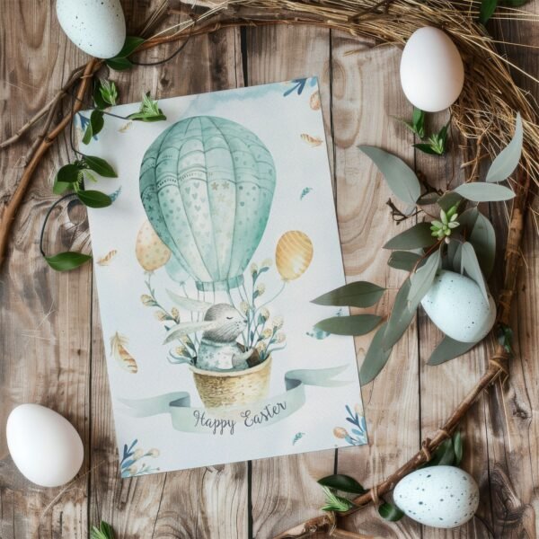 Osterkarte Osterhase im Heißluftballon, Kraftpapier-Kuvert
