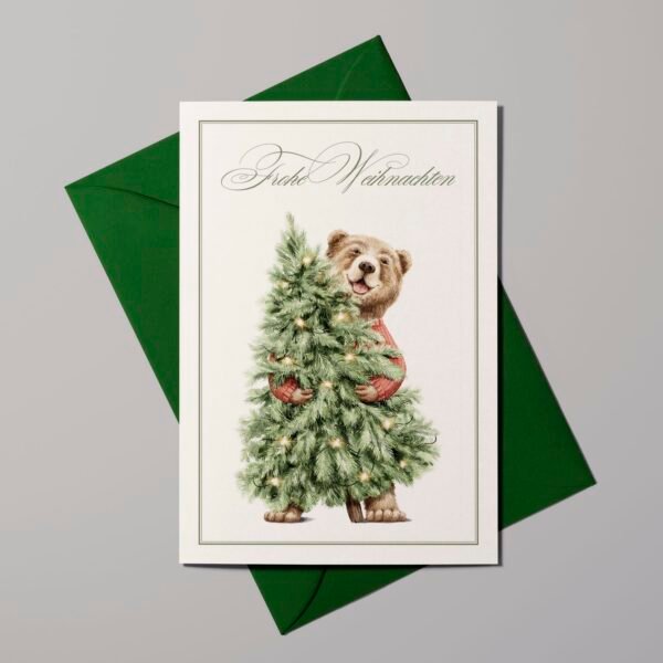 Weihnachtskarte Fröhlicher Bär mit Weihnachtsbaum, Aquarell