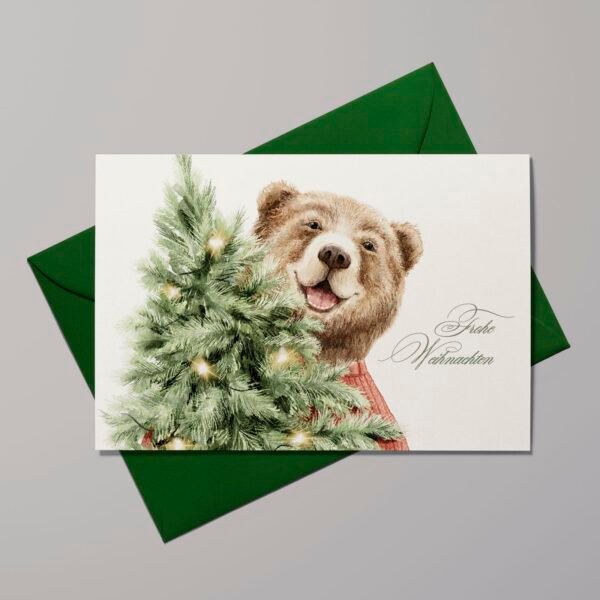 Weihnachtskarte Bär mit Weihnachtsbaum, Klappkarte mit Kuvert