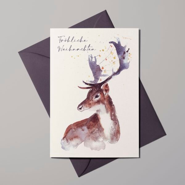 Weihnachtskarte Hirsch mit Lichterkette, Aquarell-Klappkarte B6