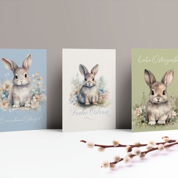 Osterkarten Set Hasen und Küken, 6 Postkarten in Aquarell